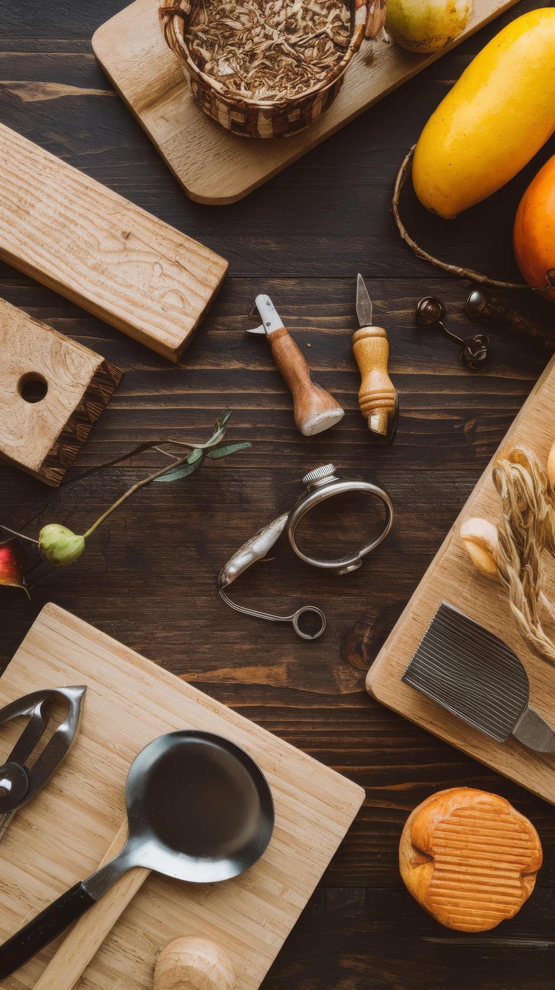 Banco di lavoro con ingredienti stagionali e utensili