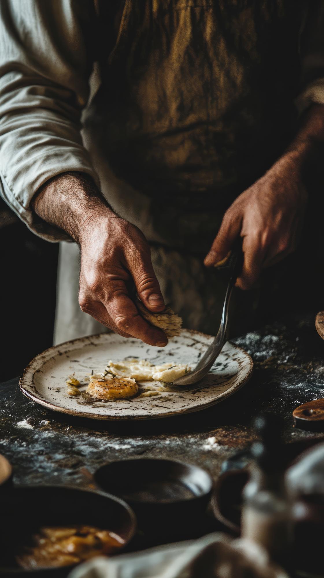 Chef mentre prepara un piatto artigianale